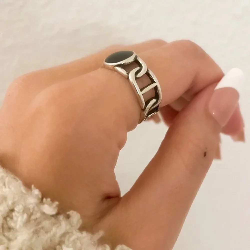 925 Sterling Silver Black Circle Ring Curb Link Ring Chain Link Ring Modern Ring - Picture 7 of 9